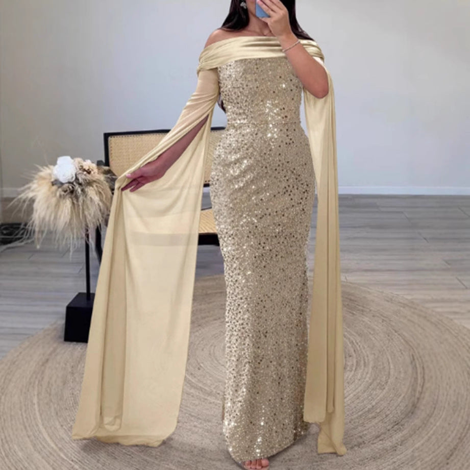 Damen Abendkleid Schulterfrei Glitzernd Langärmlig Norvielle - Norvielle