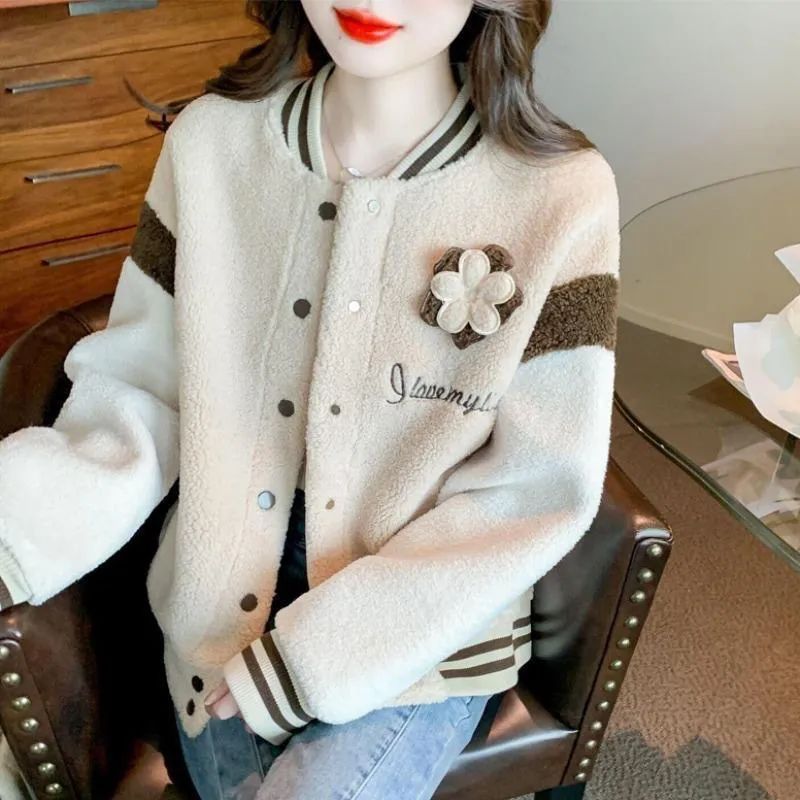Damen Collegejacke Warm Blumendekor Knopfverschluss Norvielle