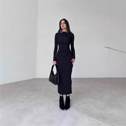 Damen Langarmkleid Figurbetont Raffung Elegant Schwarz Norvielle - Norvielle