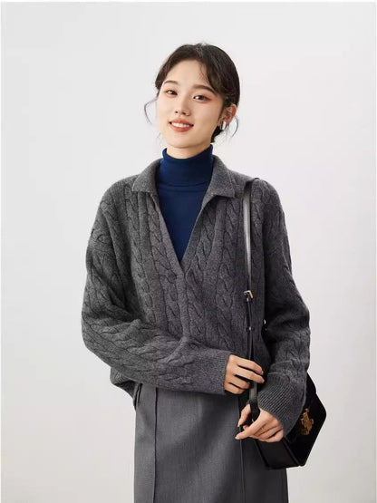 Damen Strickpullover V-Ausschnitt Kabelmuster