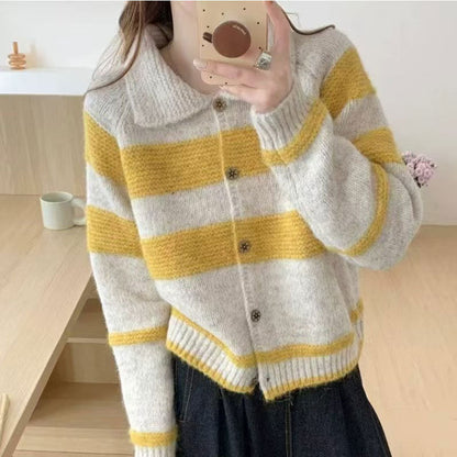 Damen Strickjacke Kuschelig Streifenmuster Beige