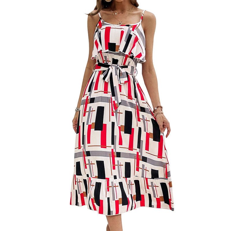 Damen Midi-Kleid Grafisches Design Taillengürtel