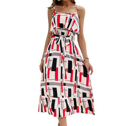 Damen Midi-Kleid Grafisches Design Taillengürtel