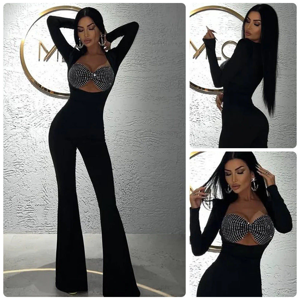 Damen Jumpsuit Strassdetails Figurbetont Schwarz Norvielle - Norvielle