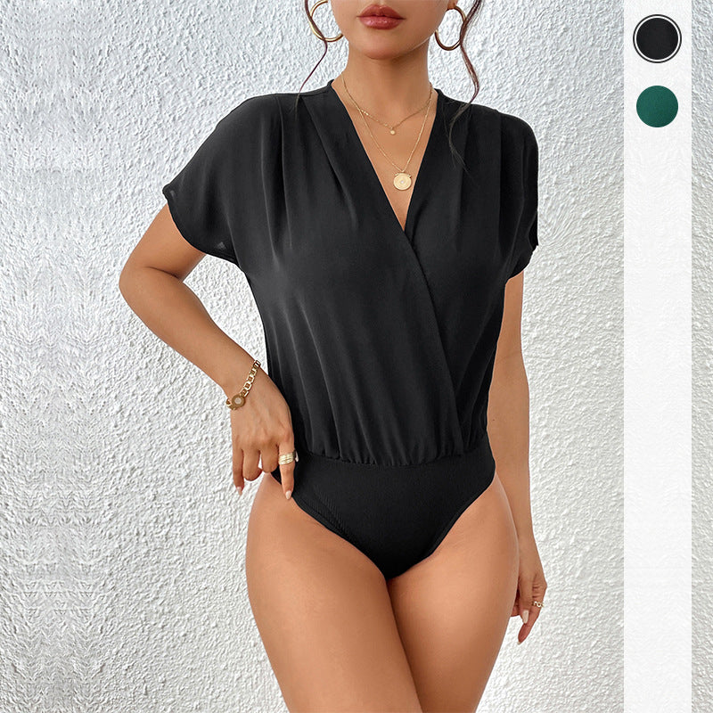 Damen Bodysuit Elastisch V-Ausschnitt Schwarz - Norvielle
