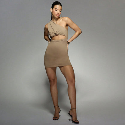 Damen Minikleid Cut-Out Asymmetrischer Ausschnitt Figurbetonter Stoff