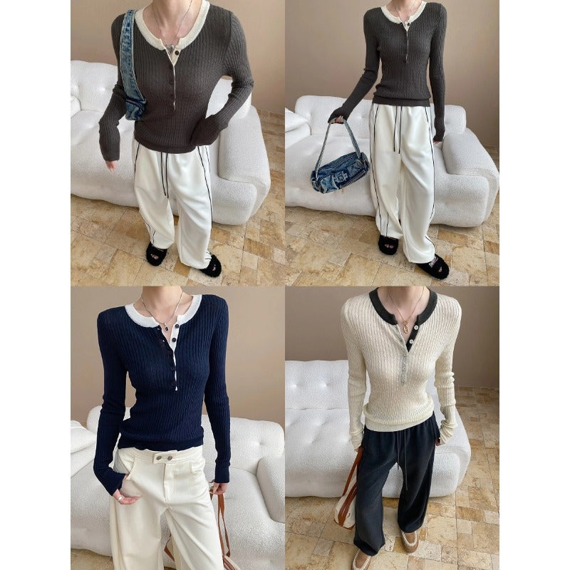 Damen Henley Pullover Rippstruktur Norvielle