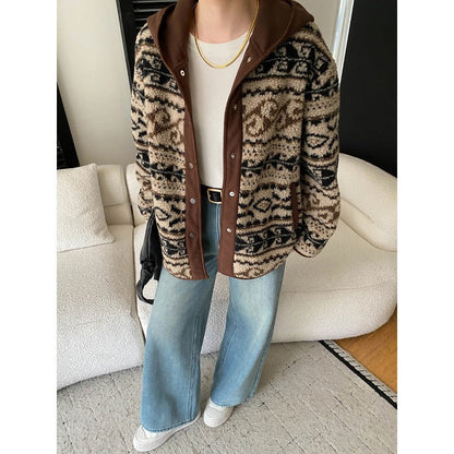 Damen Cardigan Kapuze Kuschelfleece Muster