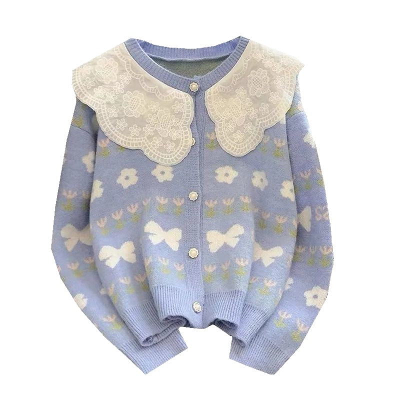 Damen Strickjacke Floralmuster Großkragen Norvielle