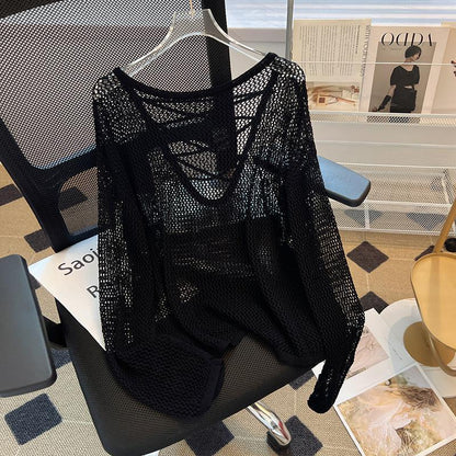 Damen Netzpullover Offener Schnitt V-Ausschnitt