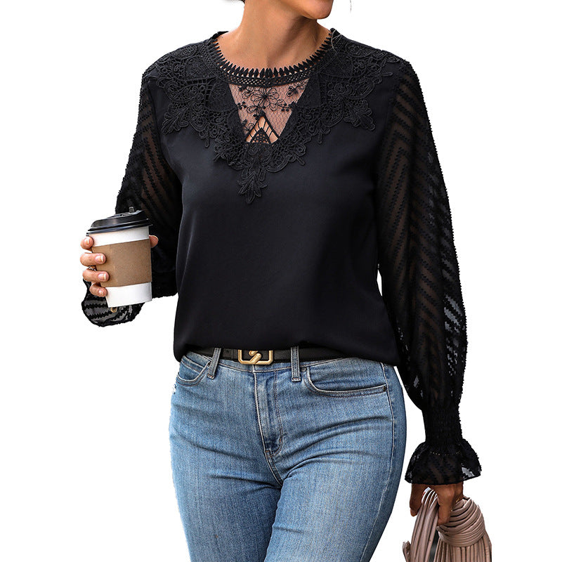 Damen Bluse Spitze Ärmel Elegante Weiße Bluse