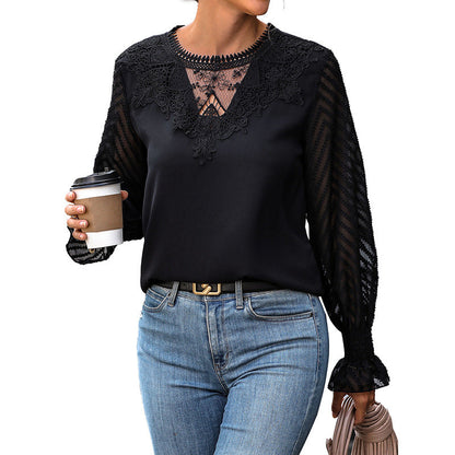 Damen Bluse Spitze Ärmel Elegante Weiße Bluse