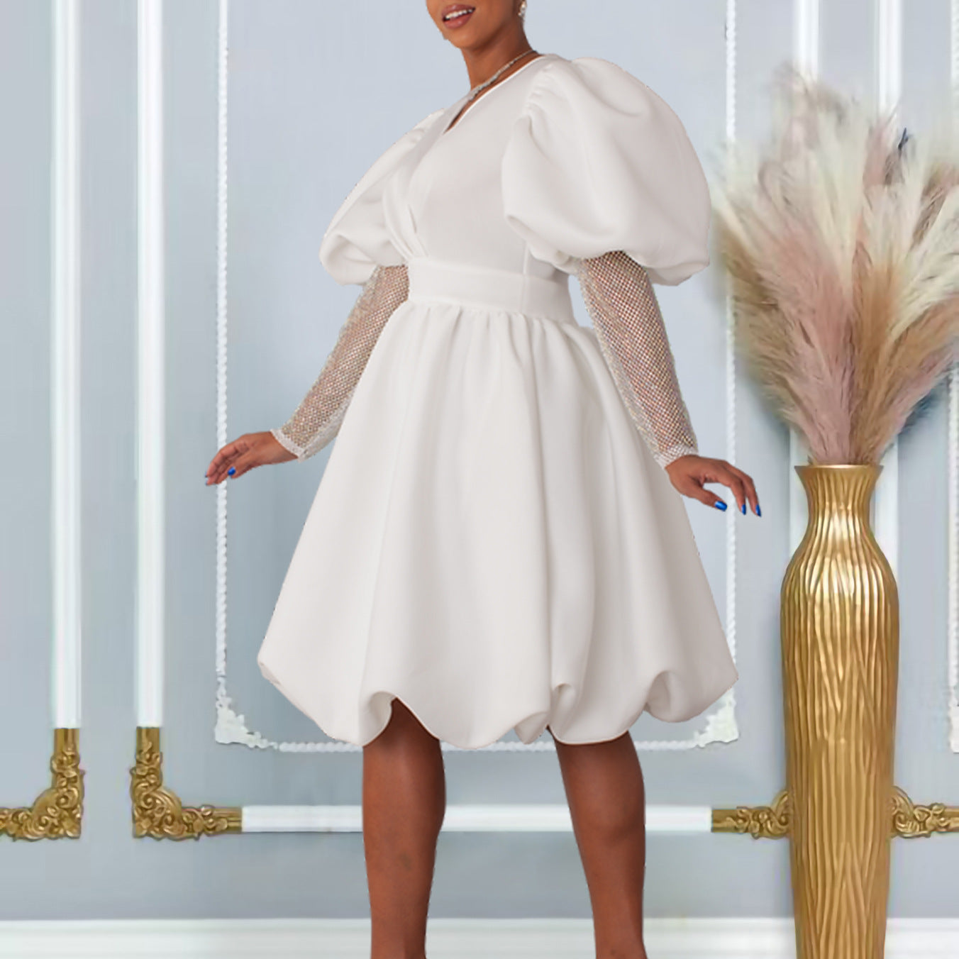 Damen Wickelkleid Puffärmel Netzoberarm Norvielle