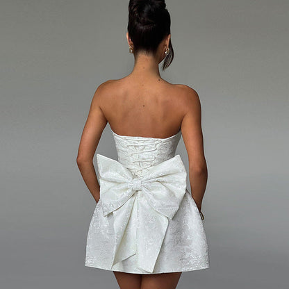 Champagnerfarbenes Damen Abendkleid Schulterfrei Mit Schleife