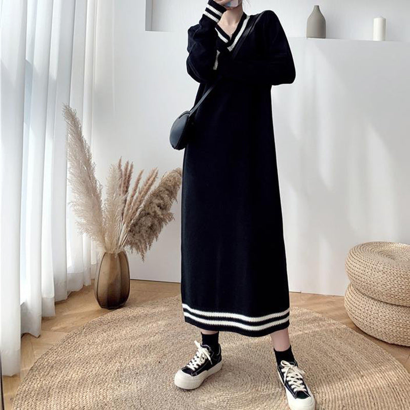 Damen Strickkleid V-Ausschnitt Kontrastbündchen Norvielle