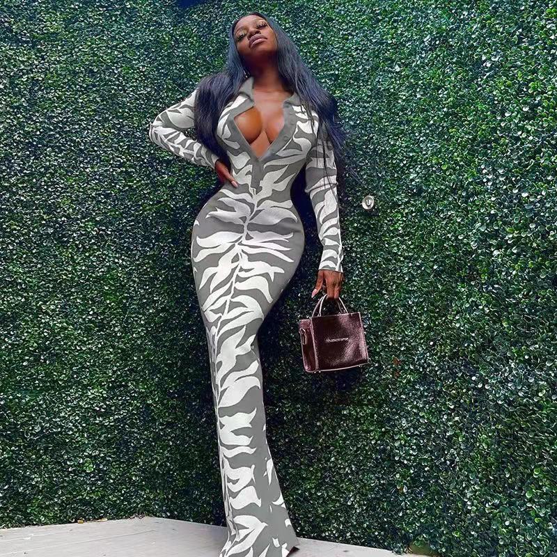 Damen Maxikleid Figurbetont Eleganter Kragen Auffälliges Muster