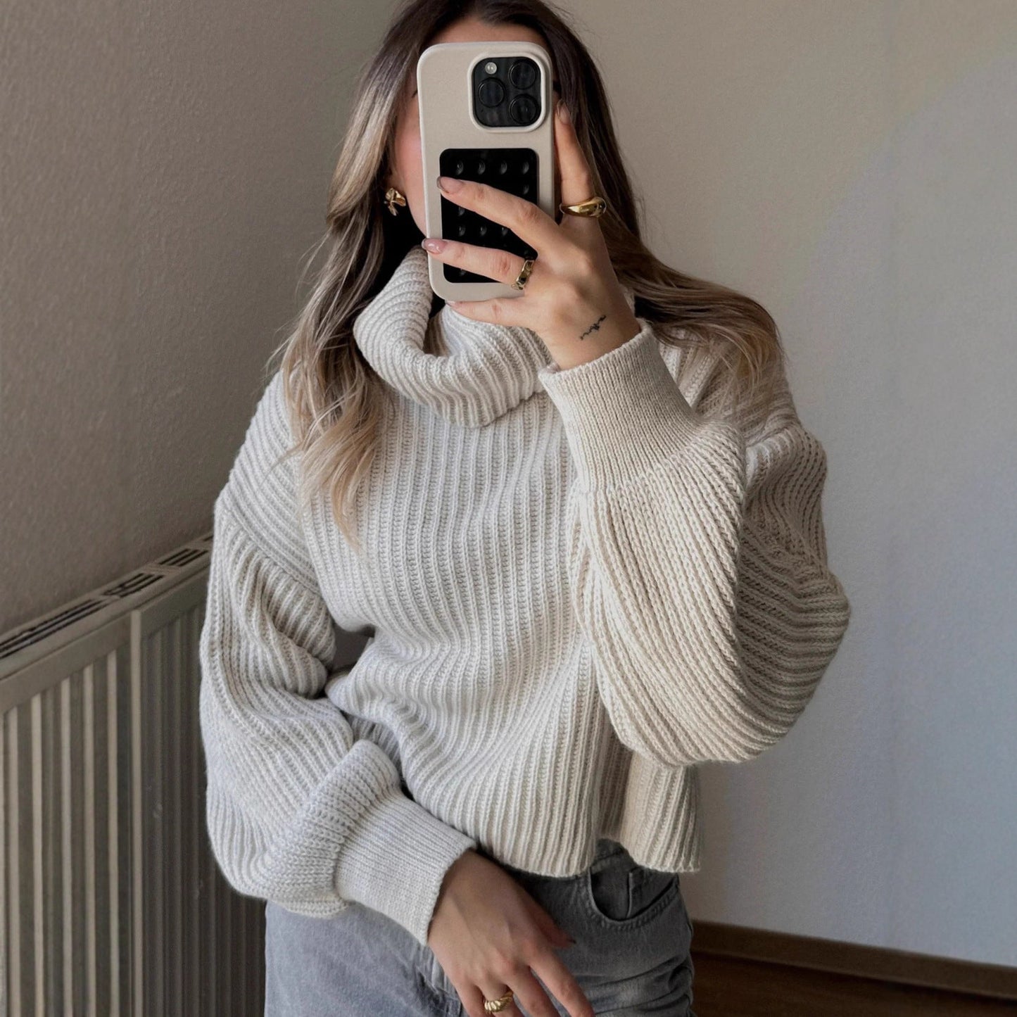 Damen Grobstrickpullover Hochkragen Weite Ärmel Norvielle - Norvielle