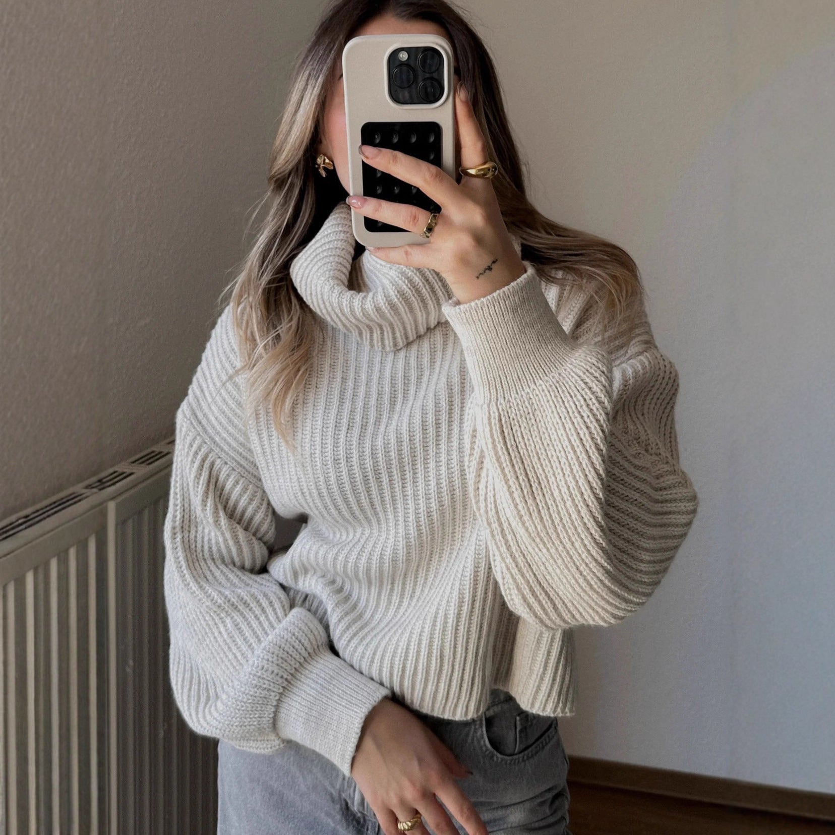 Damen Grobstrickpullover Hochkragen Weite Ärmel Norvielle - Norvielle