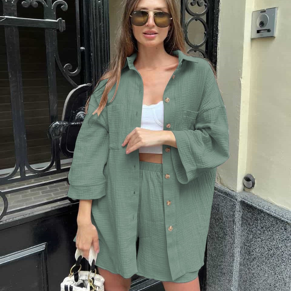 Damen Kurzarm Kombinationsset Knopfoberteil Bequeme Shorts