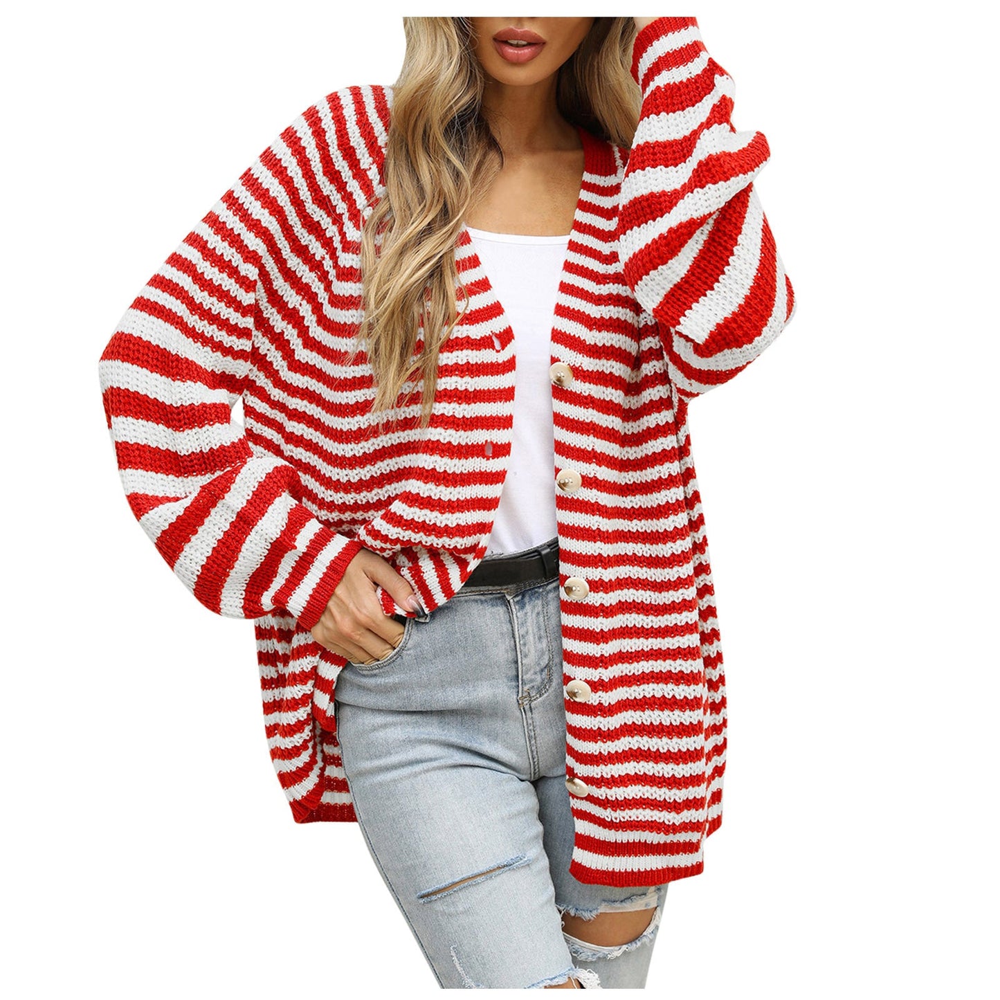 Damen Strickjacke Breites Streifenmuster Knopf Norvielle