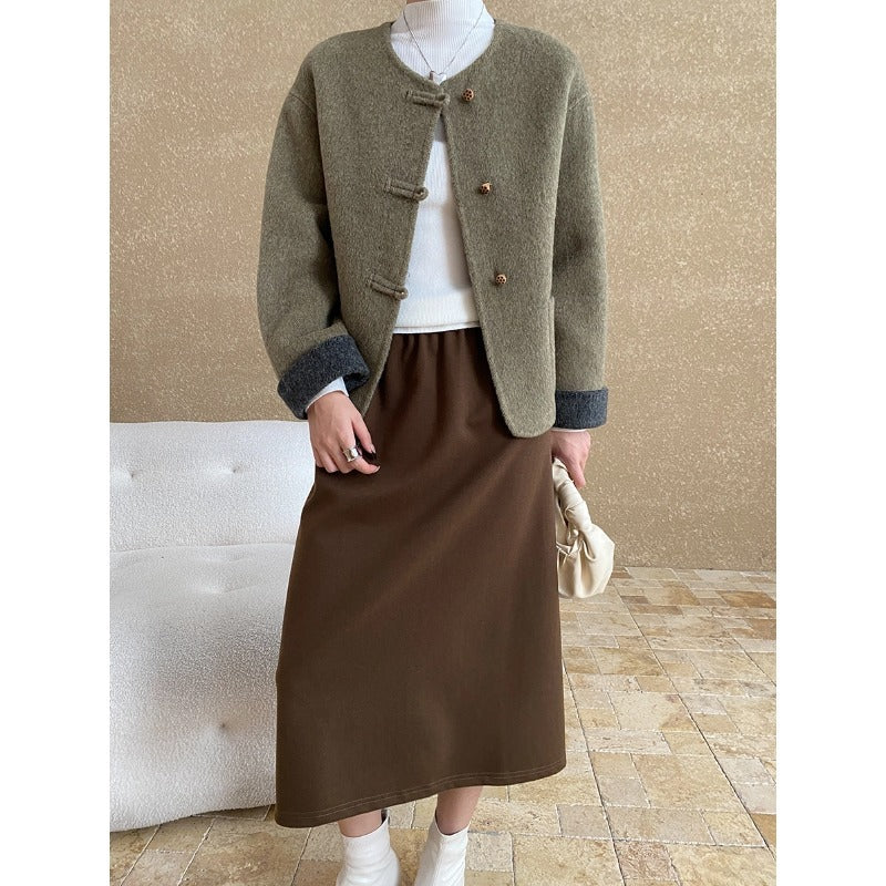 Damen Wolljacke Elegantes Design Knöpfe Beige