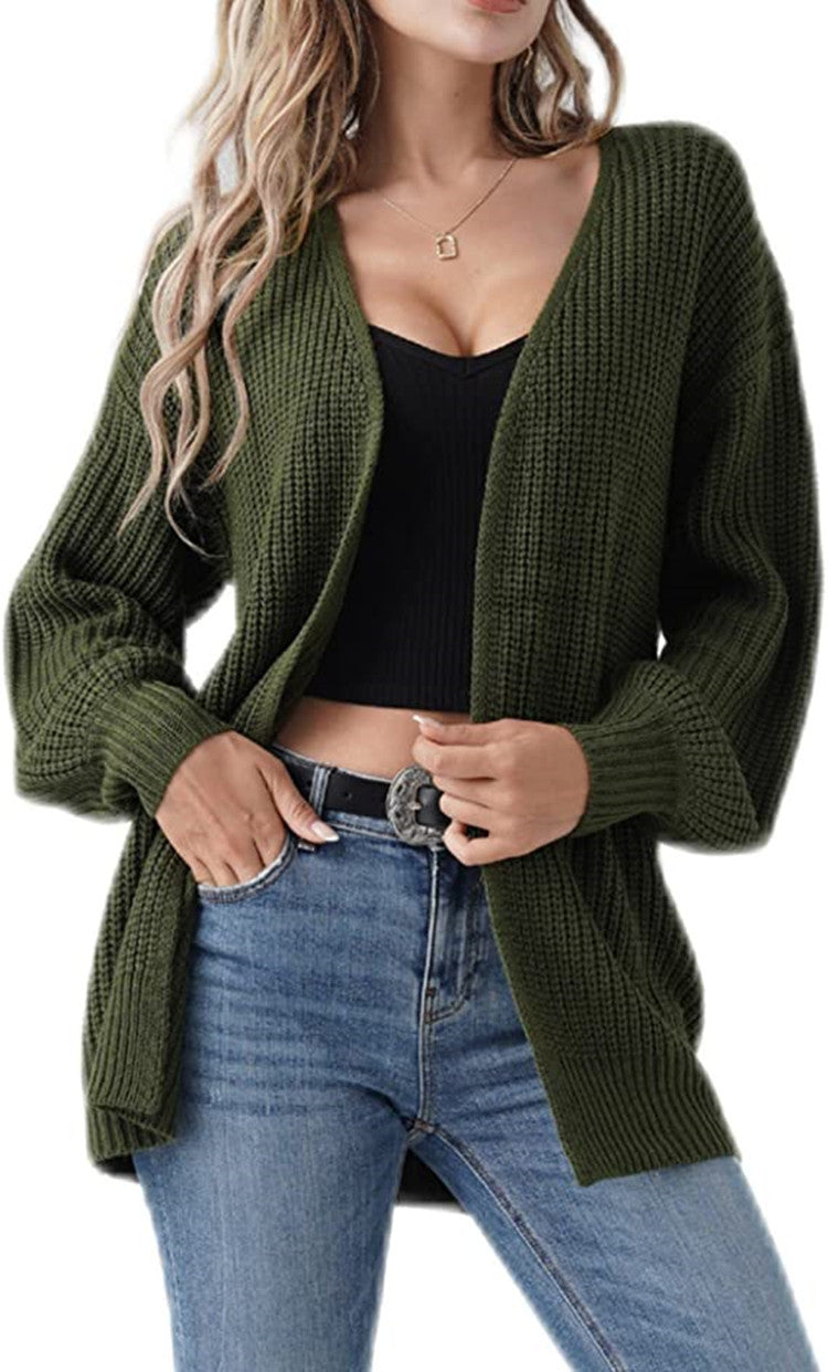Damen Grobstrick Cardigan Lässig Offene Maschen Beige