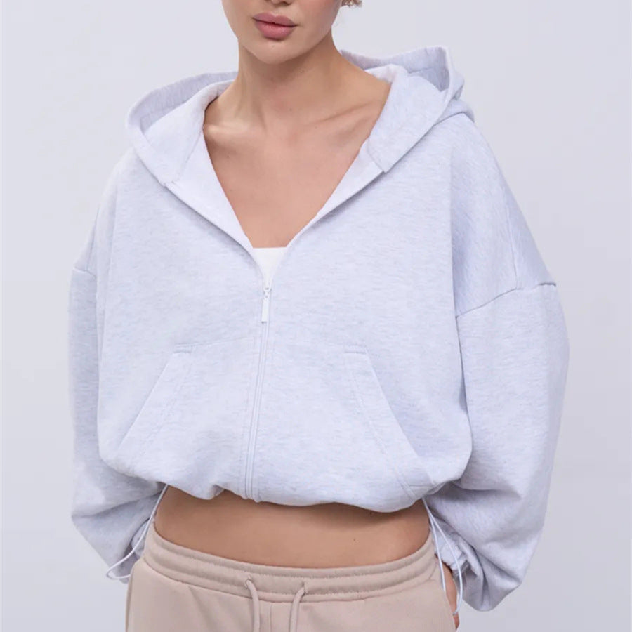 Damen Cropped Kapuzenjacke Reißverschluss Übergroße Ärmel Norvielle