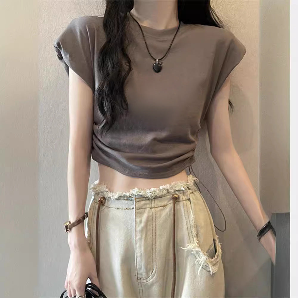 Damen T-Shirt Kurzarm Verstellbarer Kordelzug Puffärmel - Norvielle
