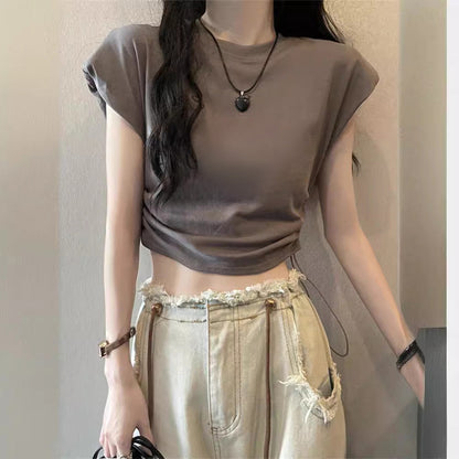 Damen T-Shirt Kurzarm Verstellbarer Kordelzug Puffärmel - Norvielle