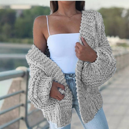 Damen Oversized Cardigan Grobstrick Lässig Beige