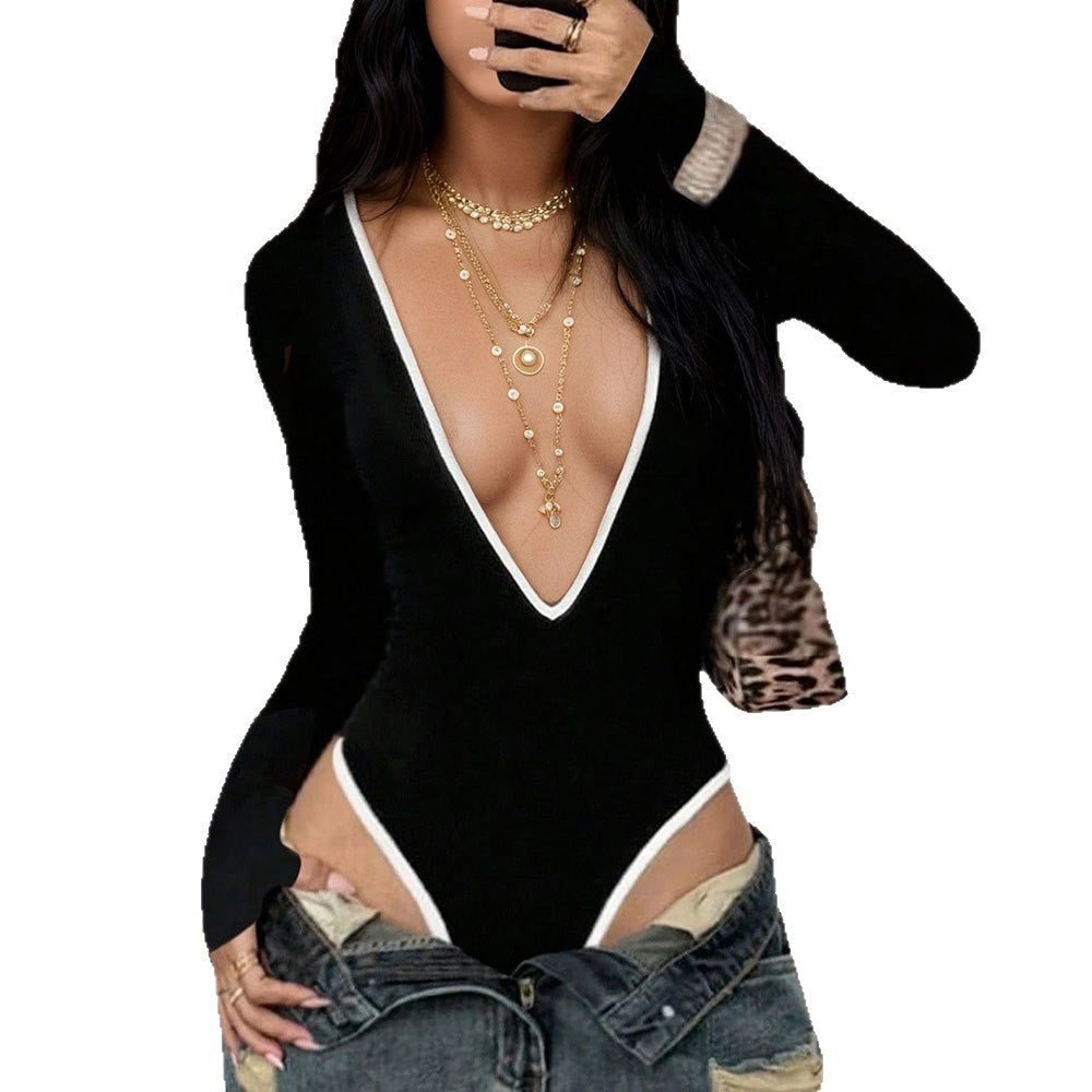 Damen Bodysuit Figurbetont V-Ausschnitt Langer Ärmel