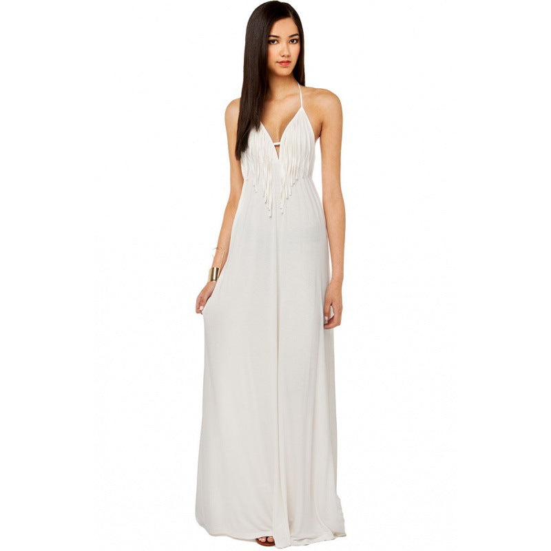 Damen Maxi-Kleid Fransen V-Ausschnitt