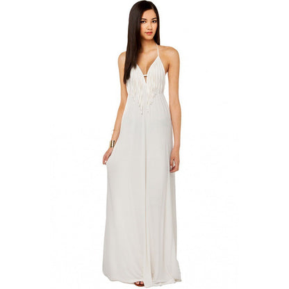 Damen Maxi-Kleid Fransen V-Ausschnitt