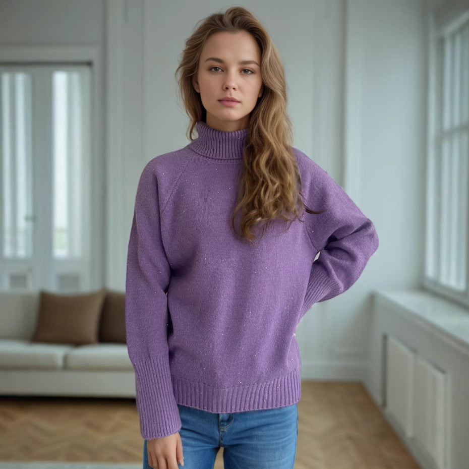 Damen Rollkragenpullover Strukturiertes Strickdesign Glitzernde