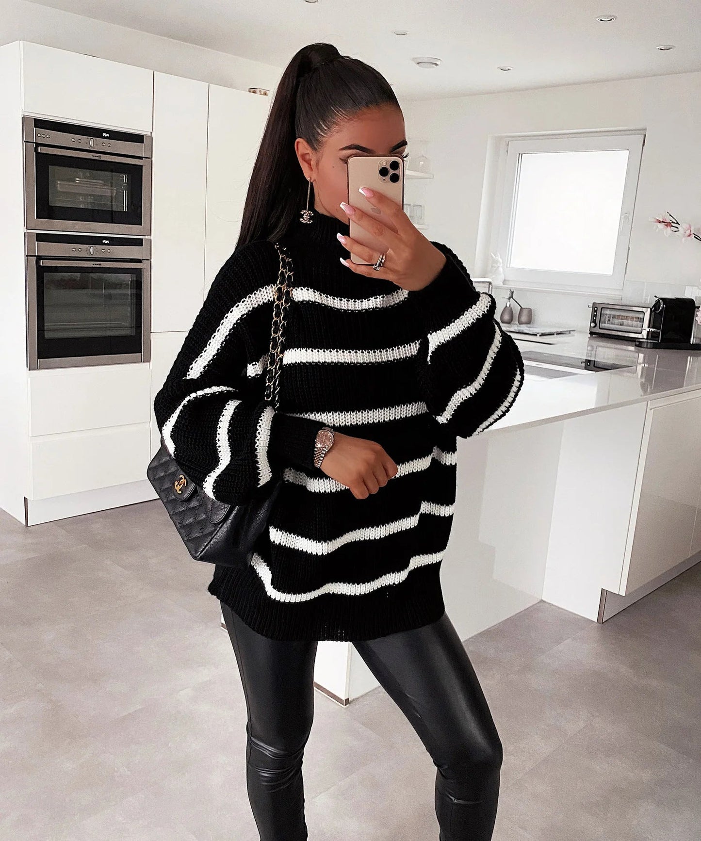 Damen Strickpullover mit Streifenmuster und hohem Kragen Norvielle