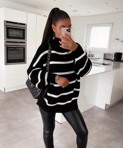 Damen Strickpullover mit Streifenmuster und hohem Kragen Norvielle