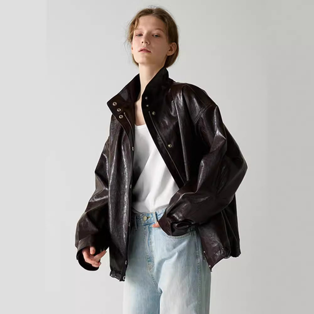Damen Lederjacke Oversized mit hohem Kragen Schwarz - Norvielle