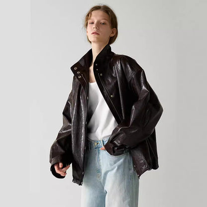 Damen Lederjacke Oversized mit hohem Kragen Schwarz - Norvielle