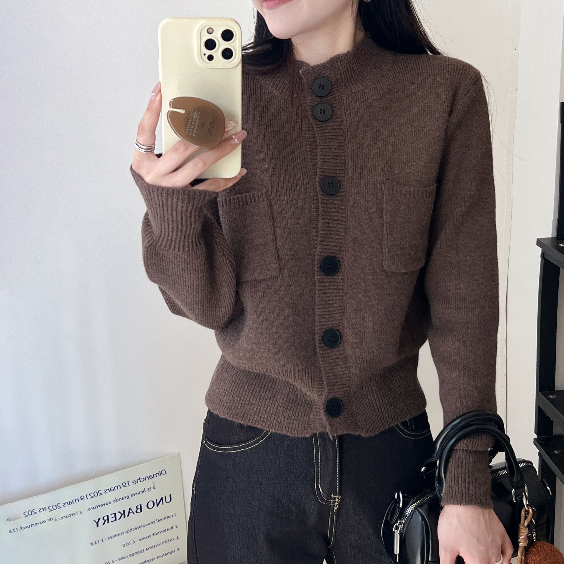 Damen Strickjacke Knöpfe Taschen Beige - Norvielle