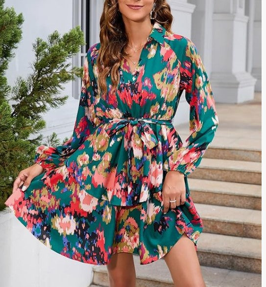 Damen Blusenkleid Floralmuster Bindegürtel Norvielle