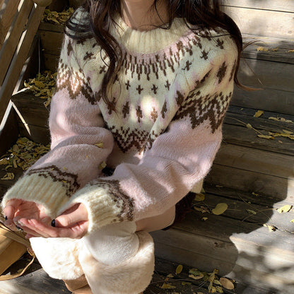Damen Grobstrickpullover Weiches Material Traditionelles Muster - Norvielle