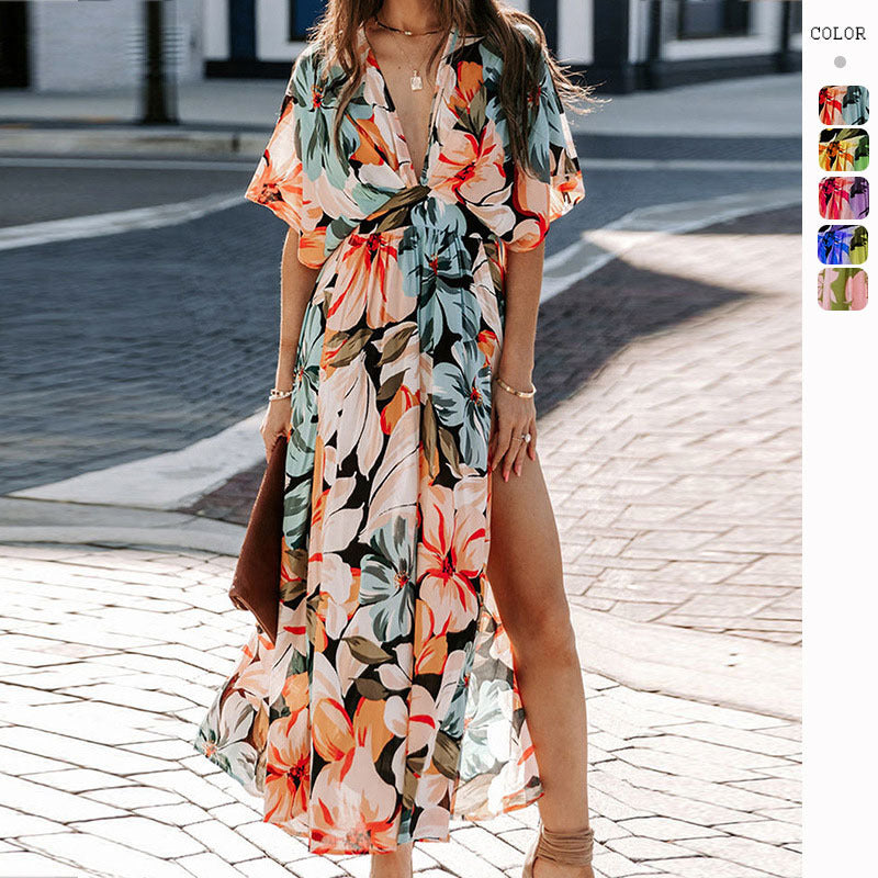 Damen Maxi-Kleid V-Ausschnitt Seitenschlitz Norvielle - Norvielle