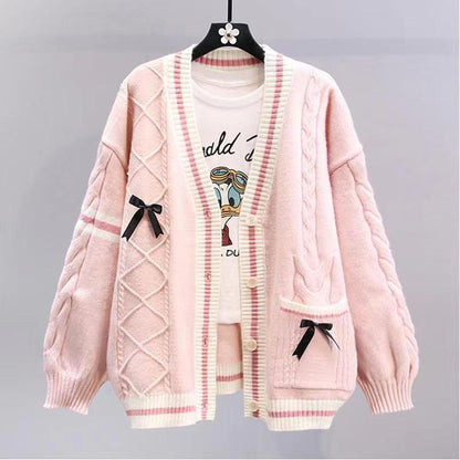 Damen Strickcardigan Zopfmuster Dekorative Schleifen Beige