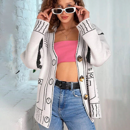 Damen Strickcardigan Lockerer Schnitt Große Knöpfe Beige - Norvielle