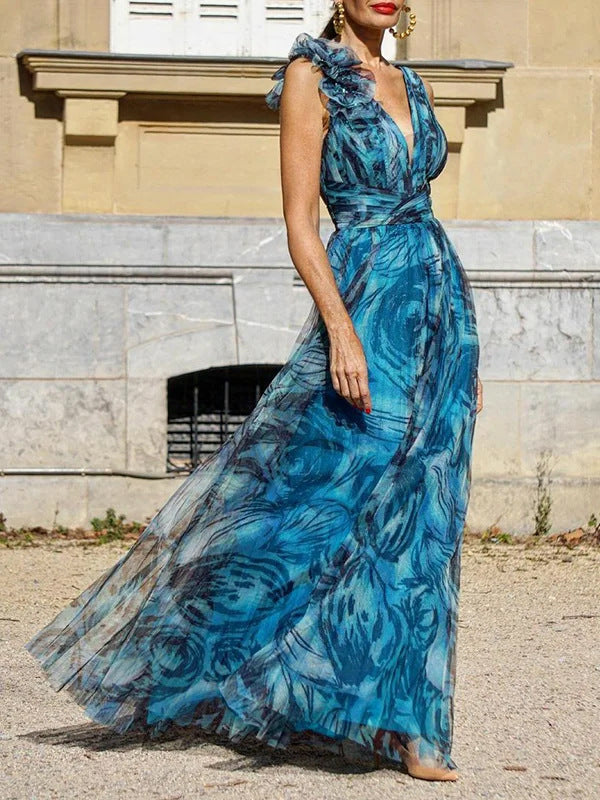 Damen Maxikleid aus Chiffon mit Rüschendetails blickdicht