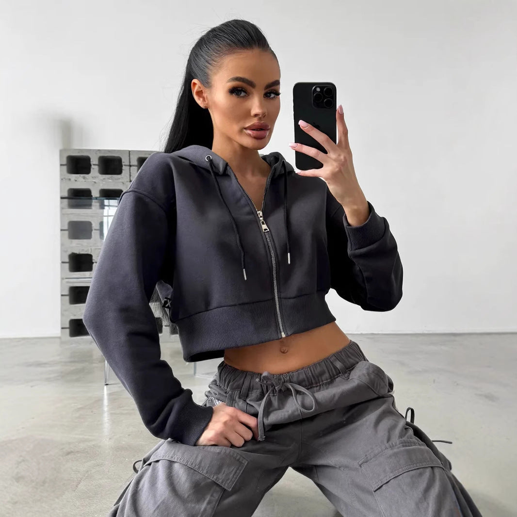 Damen Cropped Hoodie Sportlich Mit Kängurutasche Weite Ärmel Norvielle