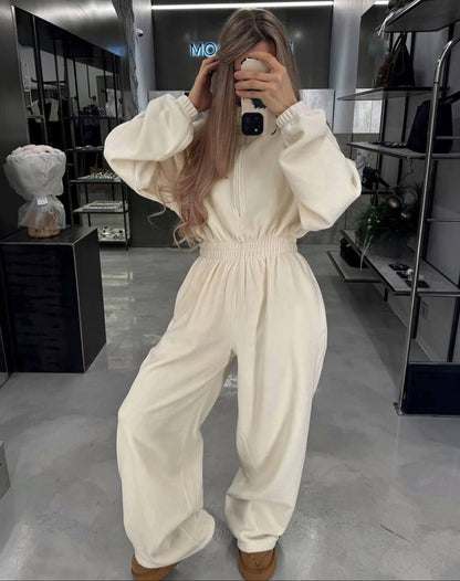 Damen Fleece-Jumpsuit Elastischer Bund Praktischer Reißverschluss