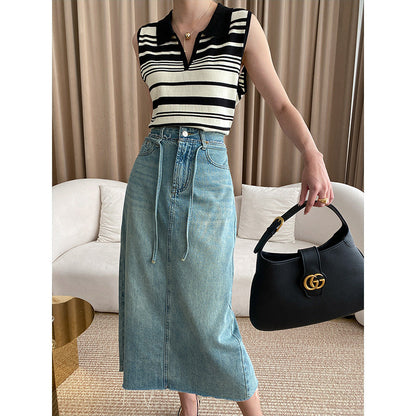 Damen Jeansrock Midi mit verstellbarer Taille und seitlichen Taschen