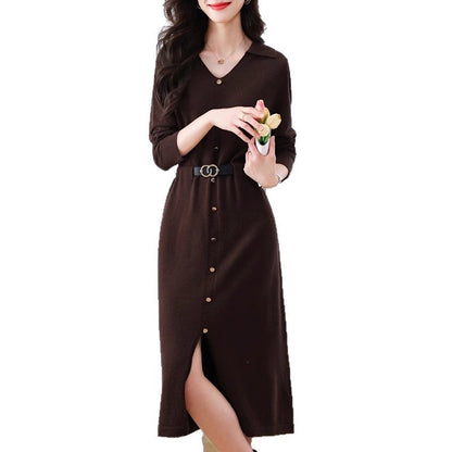 Damen Elegantes Midi-Kleid Knöpfe Tailliert