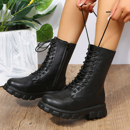 Damen Schnürboots Robustes Plateau Seitlicher Reißverschluss